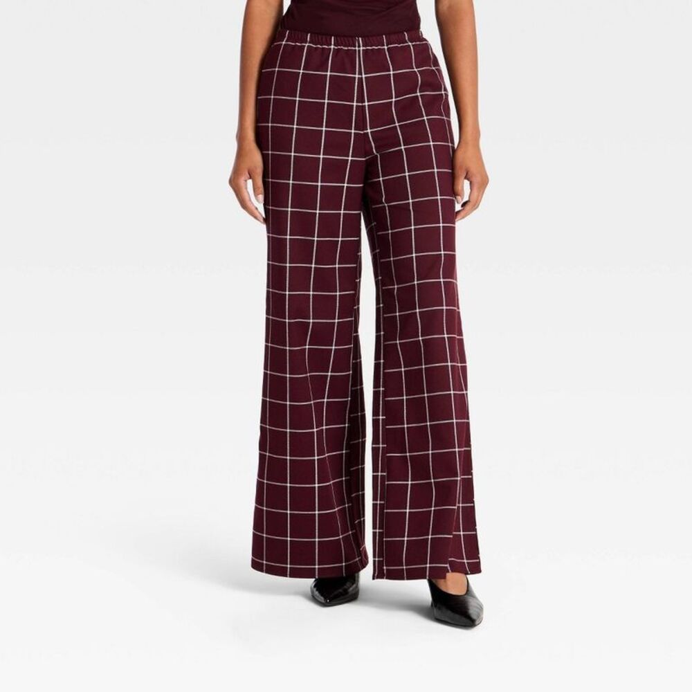 Women's Modern Wide Leg Pull-On Pants - A New Day Burgundy Plaid M